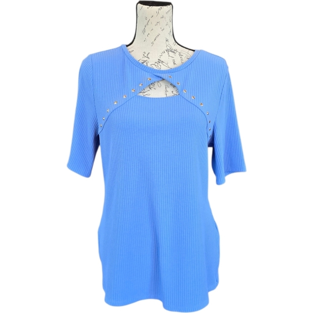INC International Concepts Blue Short Sleeve Stretchy Knit Top XL